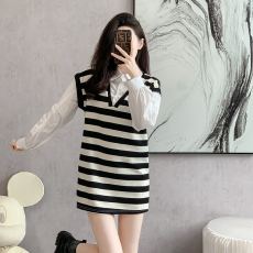 批发实拍2026春装新款法式<b class='q'>衬衣</b>领洋气拼接条纹中长款<b class='q'>衬衫</b>休闲<b class='q'>连衣裙</b>女