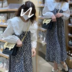 批发2026春装大码女装蕾丝花边娃娃领衬衫小碎花吊带连衣裙