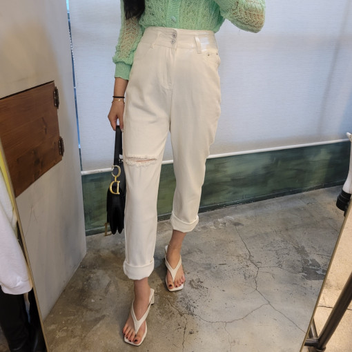 지금 워싱 두 버클 몸매 가꾸기 단색 찢어진 부분 데님 긴 바지