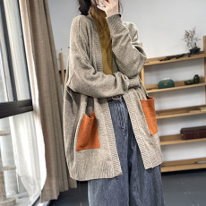 批发原版质量 <b class='q'>秋</b>冬复古文艺做旧撞色口袋宽松个性开衫休闲毛衣外套女