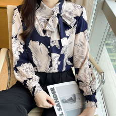 实拍 现货 2023秋季新款设计感撞色大花飘带不对称翻领长袖衬衫