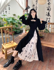 复古国风新中式改良旗袍撞色连衣裙夏季大码假两件收腰气质小黑裙