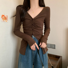 不规则开叉长袖t恤女秋季纯欲甜辣妹性感v领上衣设计感小众打底衫