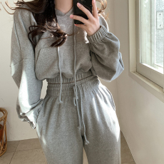 批发<b class='q'>韩国</b>chic小众百搭长袖短款连帽卫衣+高腰抽绳束脚裤长裤运动套装