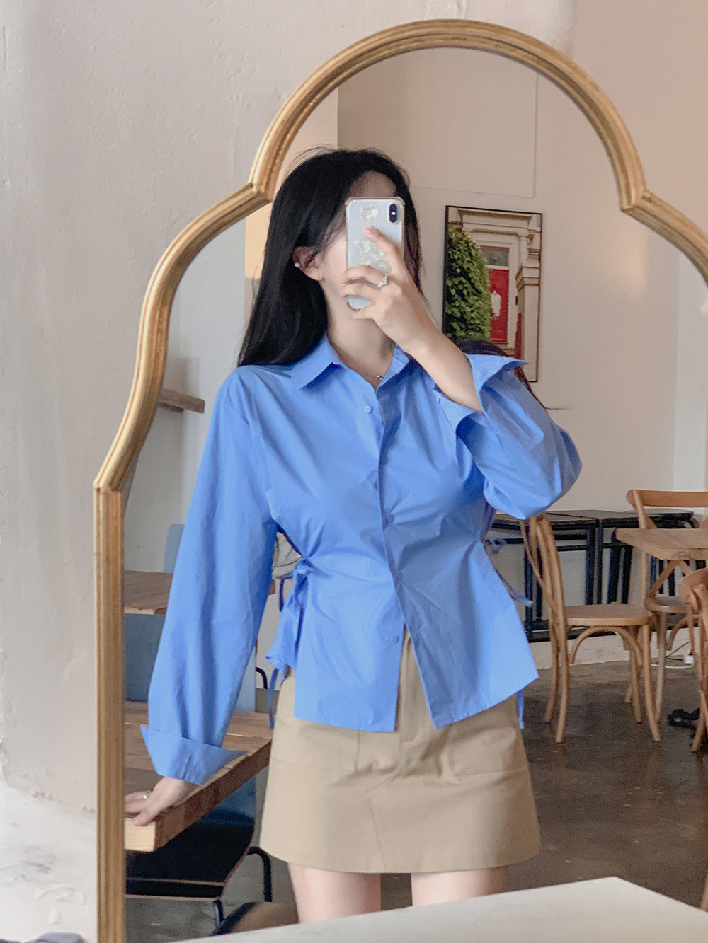 현대 미니멀리즘 섹시함 몸매 가꾸기 셔츠 품격 디자인 센스 맨위 단색 긴팔 여성 셔츠 한국 chic