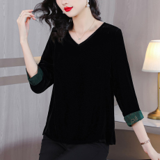 批发v领宽松大码<b class='q'>真丝</b>丝绒<b class='q'>上衣</b><b class='q'>女</b>七分袖口拼接桑蚕丝简约<b class='q'>女</b>装秋