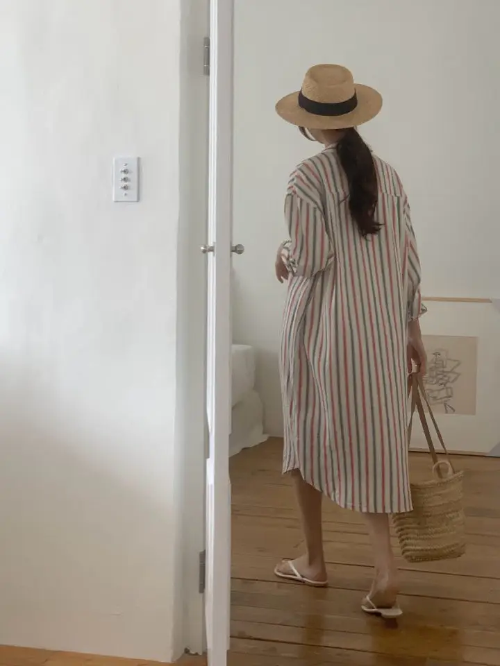 레트로 컬러 스트라이프 루즈 원피스 상세 이미지 2
