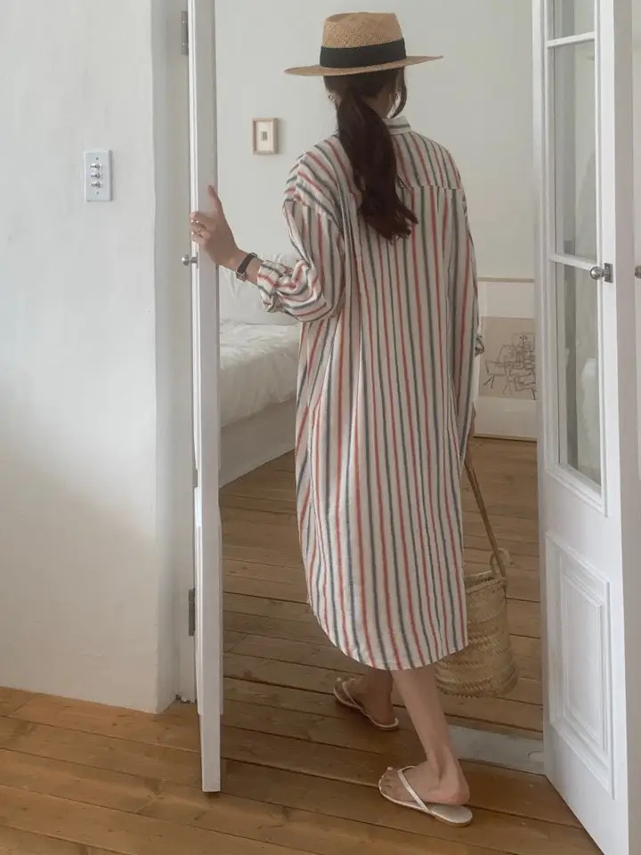 레트로 컬러 스트라이프 루즈 원피스 상세 이미지 5