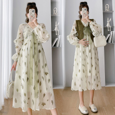 批发实拍 2025孕妇装新款秋装 茶歇印花连衣裙马甲两件套套装