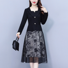 批发印花拼接假两件套中年大码女装<b class='q'>胖</b>mm<b class='q'>修身</b>中长款秋季新款打底连衣裙