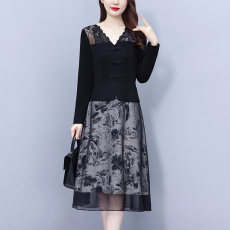 批发印花拼接假两件套大码女装<b class='q'>胖</b>mm<b class='q'>气质</b>修身中长款新款阔太太连衣裙