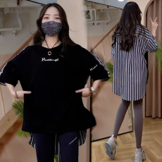 批发官图   纯棉短袖<b class='q'>t</b><b class='q'>恤</b>女中长款2026年夏季新款<b class='q'>时尚</b>条纹拼接休闲上衣