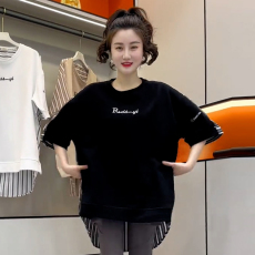 批发官图   纯棉短袖<b class='q'>t</b><b class='q'>恤</b>女中长款2026年夏季新款<b class='q'>时尚</b>条纹拼接休闲上衣