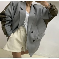 批发韩国东大门新品翻领双排扣夹克拼接宽松休闲西装外套