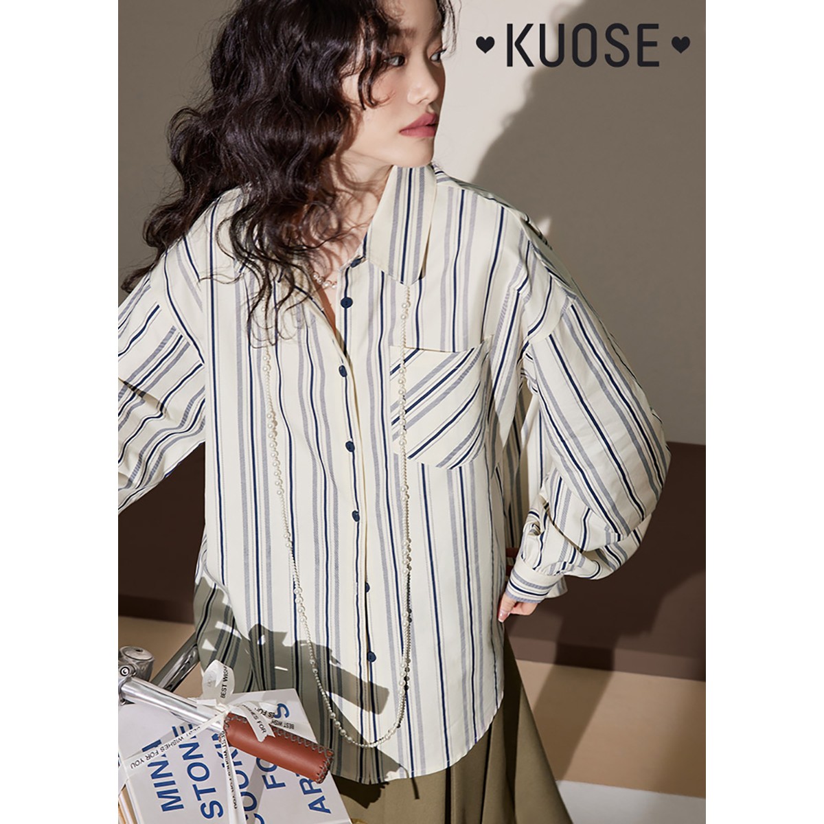 Wide-color American retro striped shirt for women, spring and autumn loose large size mid-length long-sleeved Korean style trendy shirt