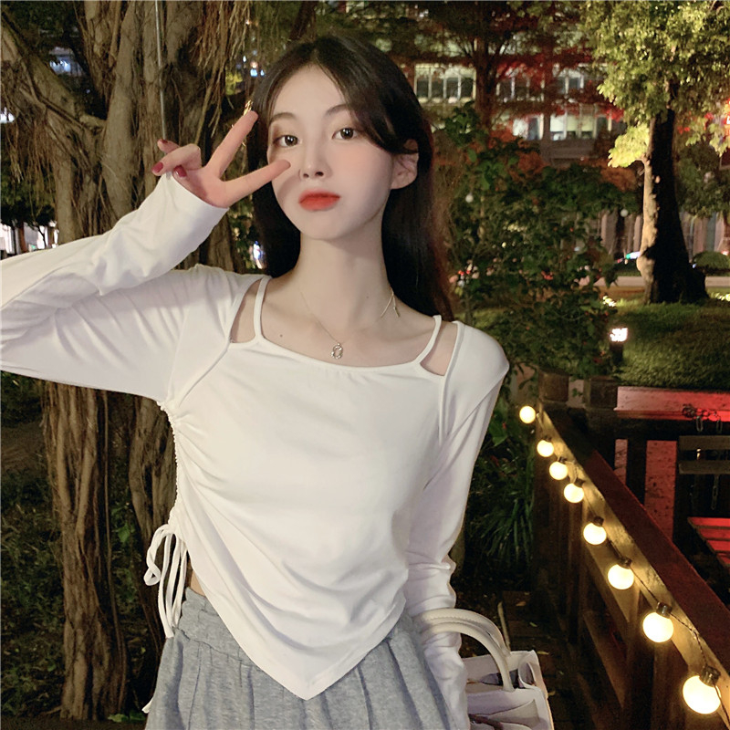 8130# 90 fiber 10 spandex double-sided velvet autumn dress brushed high waist T-shirt women's long sleeves to keep warm