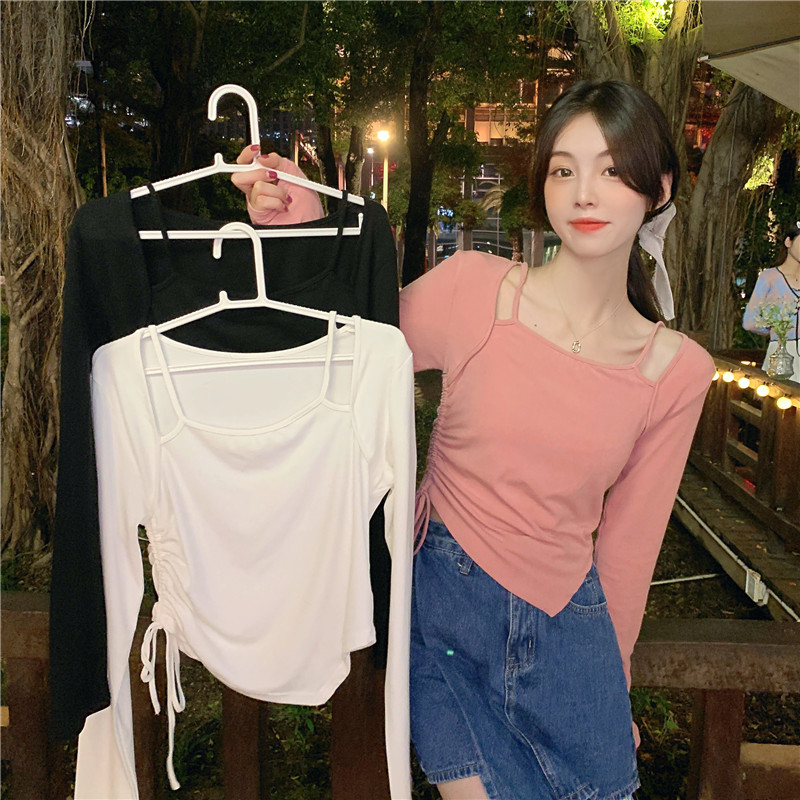 8130# 90 fiber 10 spandex double-sided velvet autumn dress brushed high waist T-shirt women's long sleeves to keep warm