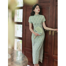 批发复古文艺提花现代改良<b class='q'>旗袍</b>夏季老<b class='q'>上海</b>民族风少女修身绿色连衣裙短