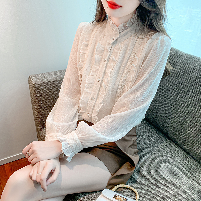 MY70118# 新款重工木耳边雪纺杏色衬衫别致气质女士衬衣减龄小衫女裝貨源服裝批發