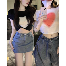 批发韩国<b class='q'>外贸</b>韩版新款短袖t恤女ins潮夏季甜辣妹爱心高腰露脐短款女