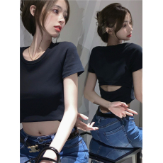 批发韩国<b class='q'>外贸</b>韩版新款短款上衣女夏季性感辣妹风露背纯色短袖t恤女