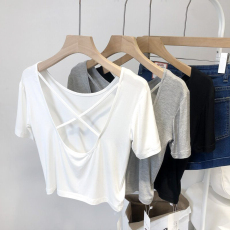 批发韩国<b class='q'>外贸</b>韩版新款夏季韩版修身交叉美背短款短袖T恤