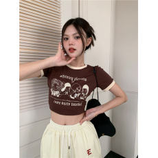 批发韩国<b class='q'>外贸</b>韩版新款夏季t恤女撞色圆领露脐辣妹修身短款短袖上衣女