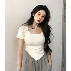 批发韩国<b class='q'>外贸</b>韩版夏季新款辣妹方领短袖女式夏季修身T恤
