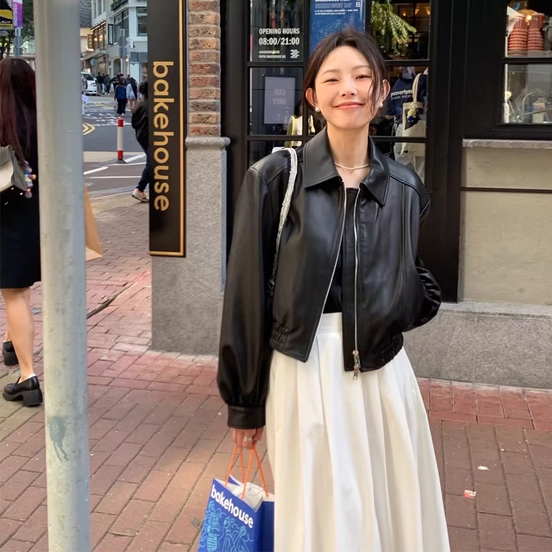 Black pu leather jacket for women 2024 new motorcycle leather jacket short style small spring and autumn style American retro