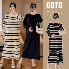 批发实拍春装新款网红孕妇装针织条纹孕妇长款<b class='q'>连衣裙</b>韩版<b class='q'>宽松</b>显廋