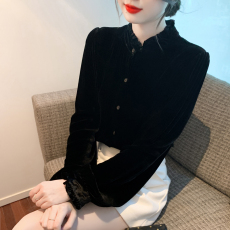 实拍有视频2023秋冬新款丝绒衬衣女生百搭小衫上衣女