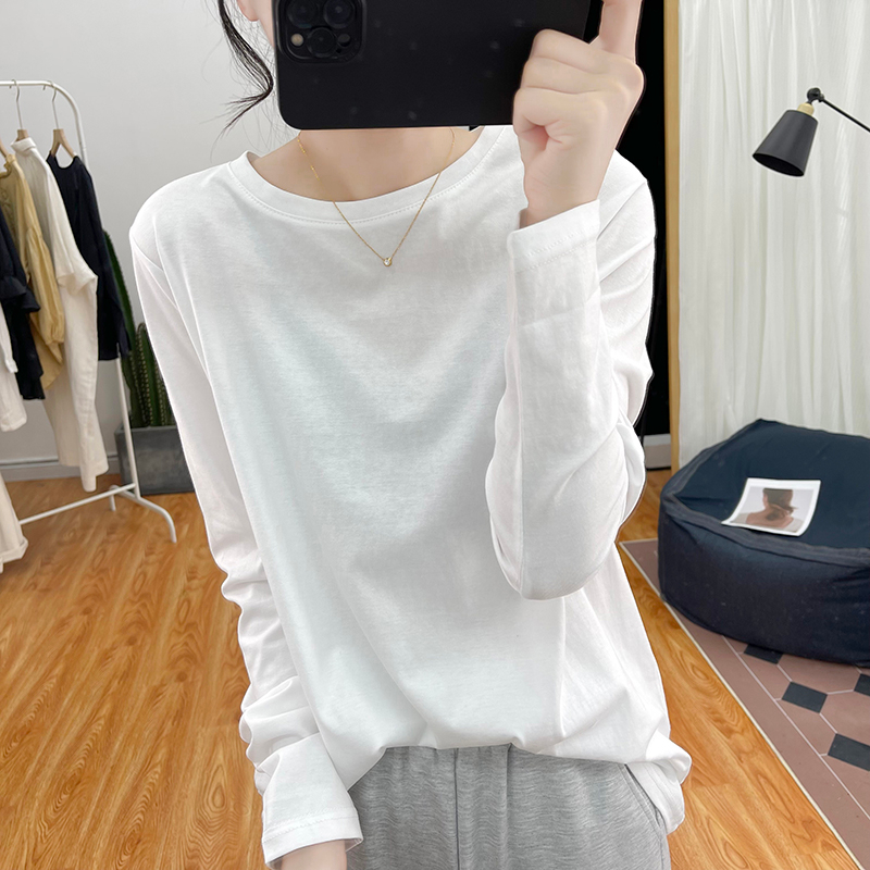 Basic cotton long-sleeved white T-shirt for women, autumn and winter loose and versatile top, brushed inner base shirt, T-shirt