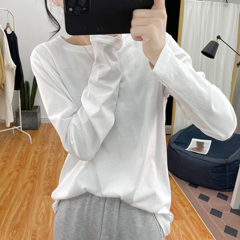 Basic cotton long-sleeved white T-shirt for women, autumn and winter loose and versatile top, brushed inner base shirt, T-shirt