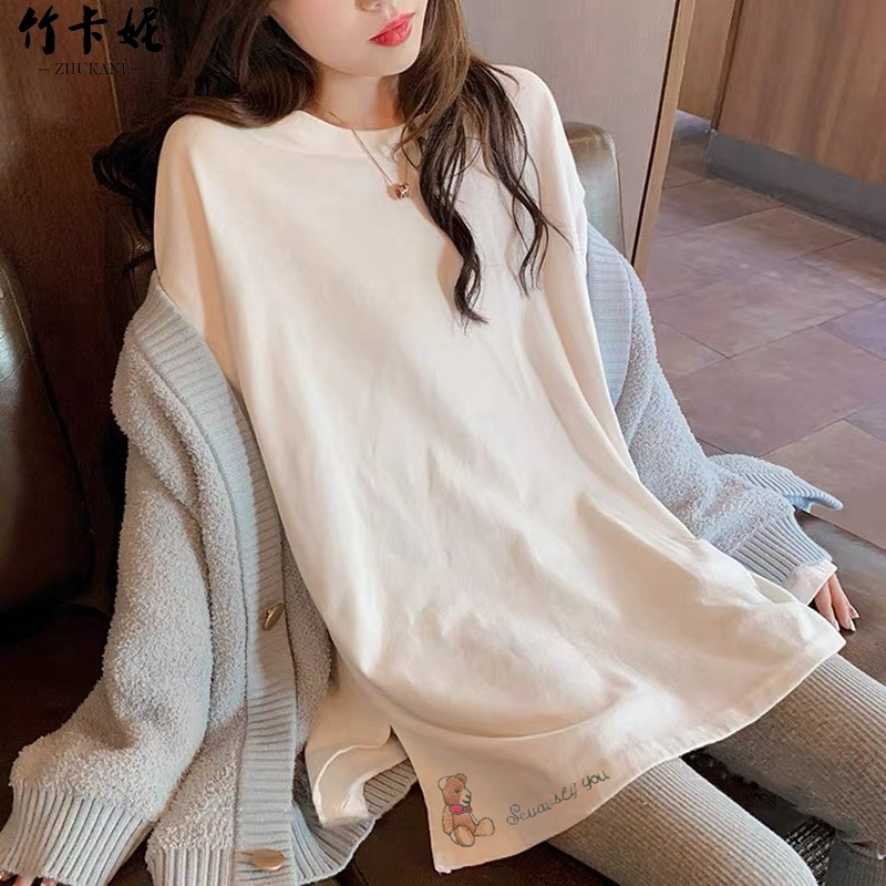 White T-shirt women's pure cotton slit long-sleeved top spring and autumn new style bear loose inner bottoming shirt ins trend