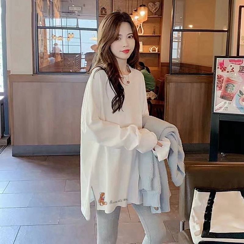 White T-shirt women's pure cotton slit long-sleeved top spring and autumn new style bear loose inner bottoming shirt ins trend