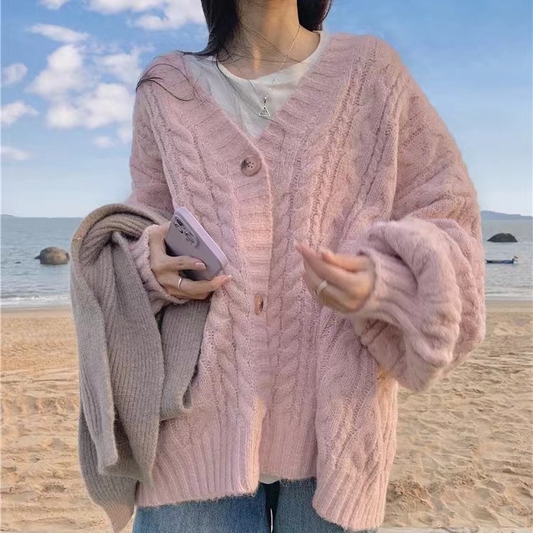 韓國東大門2024秋冬新款暖系軟糯麻花毛衣外套慵懶溫柔風針織開衫