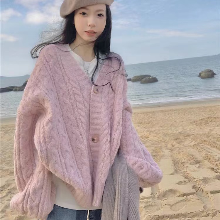 Korea Dongdaemun 2024 new warm soft waxy twist sweater jacket lazy gentle style knitted cardigan