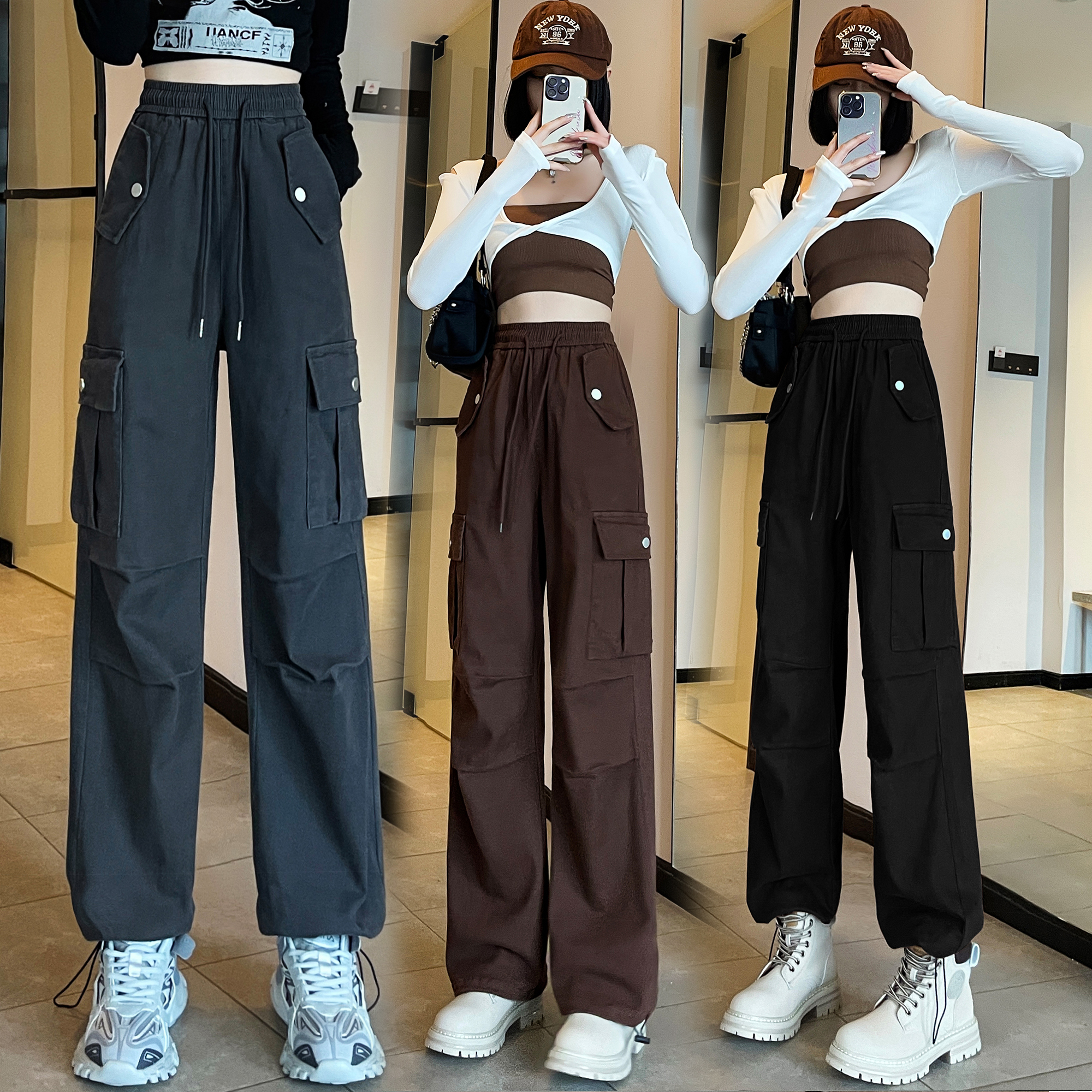 PF19800#美式棉洗水工装裤女2024秋款高腰直筒阔腿休闲运动裤宽松显瘦女裝貨源服裝批發