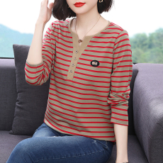 批发春季2026纯棉条纹长袖T女中老年妈妈<b class='q'>大码</b>遮肚上衣<b class='q'>宽松</b>显瘦小衫