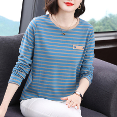 批发莫代尔长袖t恤中老年早春<b class='q'>大码</b>妈妈体条纹上衣女纯棉<b class='q'>宽松</b>打底衫