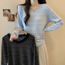 批发2026年春秋新款勾花镂空条纹长袖针织衫上衣<b class='q'>大码</b><b class='q'>女装</b>毛衣