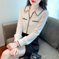 2023秋季新款小香风蕾丝针织衬衫女初秋设计感修身上衣