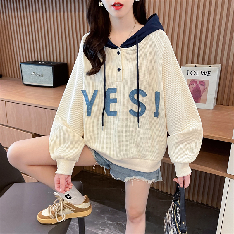 Real shot 2024 spring Korean style loose waffle hooded patch large size women's thin sweatshirt for women