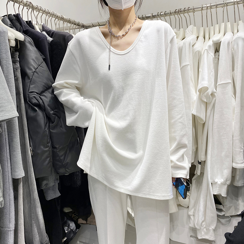 White bottoming shirt for women with loose inner style and stylish slit T-shirt top for autumn and winter new style pure cotton v-neck long sleeves