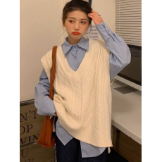 批发v领白色针织马甲女春秋宽松外穿外搭小背心叠穿慵懒风毛衣马夹冬