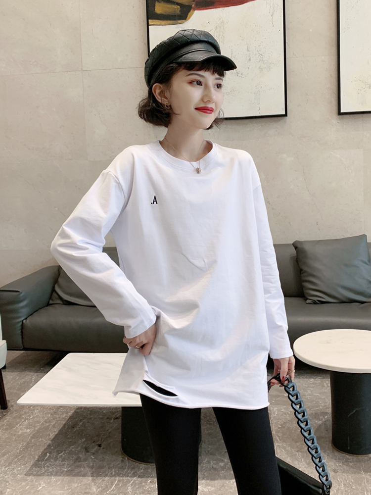 Distressed pure cotton long-sleeved T-shirt women's tops autumn and winter new European women's fashion fashionable inner layering shirt