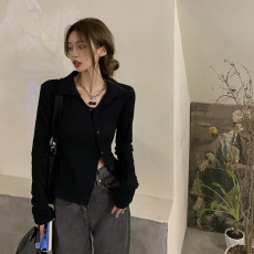 批发2026早春大码辣妹修身不规则长袖T恤设计感小众polo领