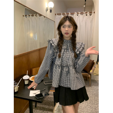 批发实价实拍荷叶边拼接立领别致长袖衬衫早秋韩系少女感宽松<b class='q'>格子</b>上衣