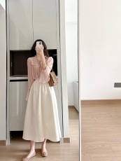 2023秋款女套装粉色雪纺衬衫气质高级感盐系轻熟温柔半身裙两件套