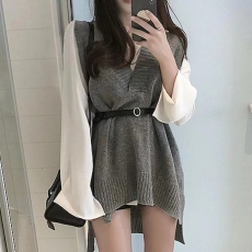 批发韩版百搭V领小香风宽松无袖背心高腰系带收腰针织衫连衣裙配腰带